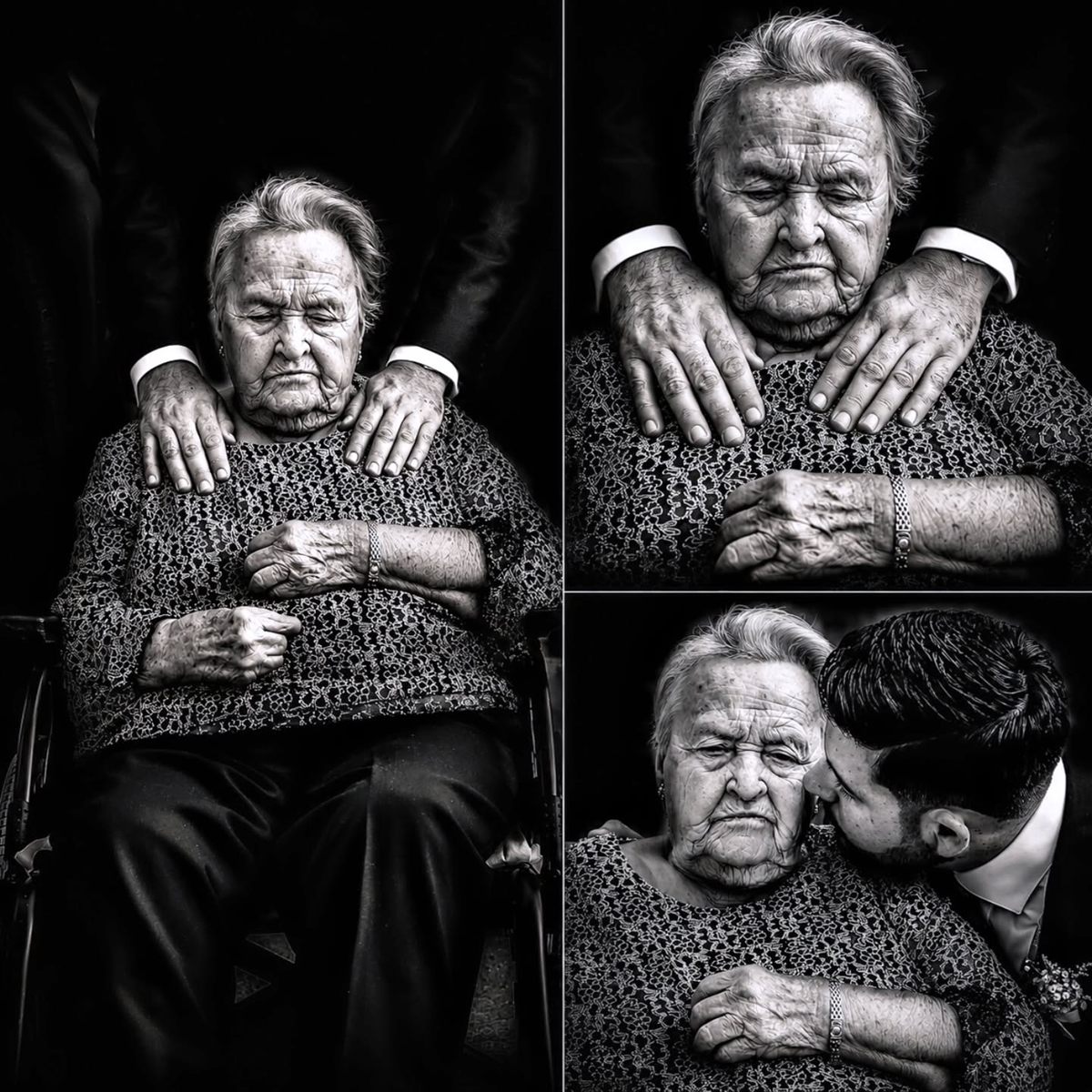 Tríptico en blanco y negro: retrato de la abuela, unas manos sobre sus hombros y el nieto besándola en la mejilla